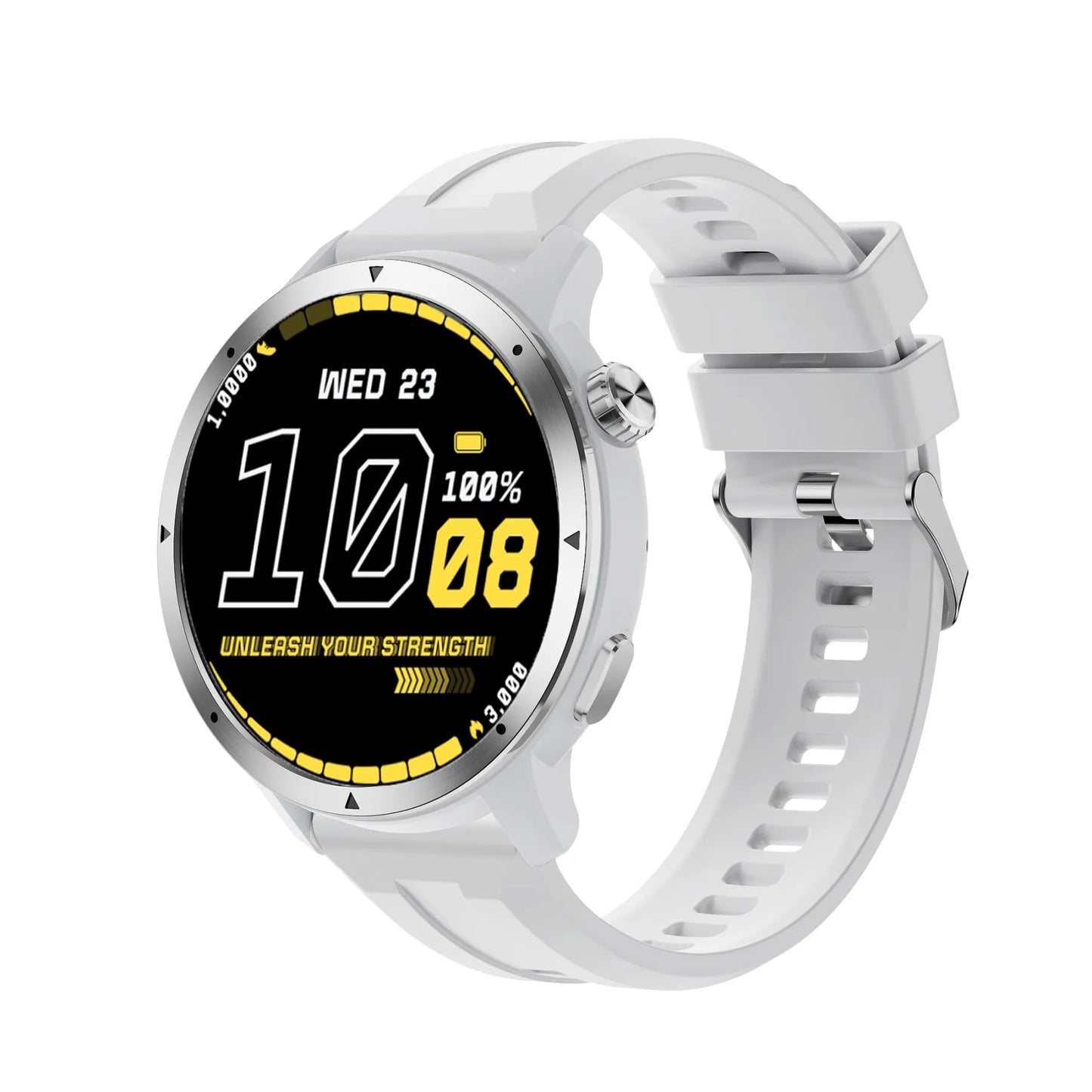 A white Aegvita S8 AI-Powered Fitness Smartwatch with a round silver bezel and a white silicone strap, featuring a black digital display with yellow accents.