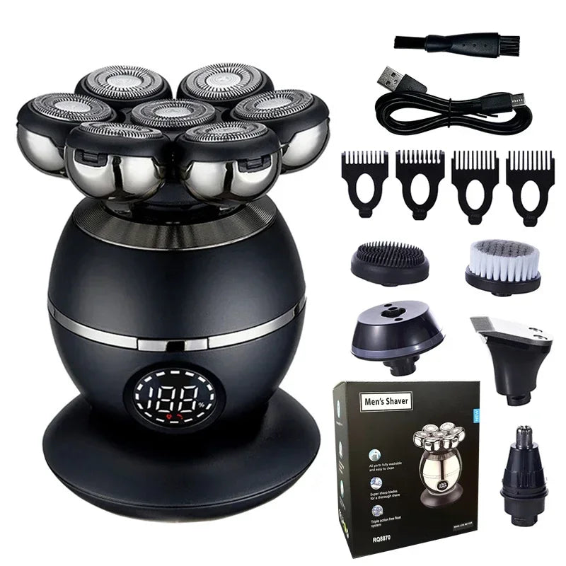 Black Aeqis 6 in 1 Shaving with multiple attachments and packaging on a white background