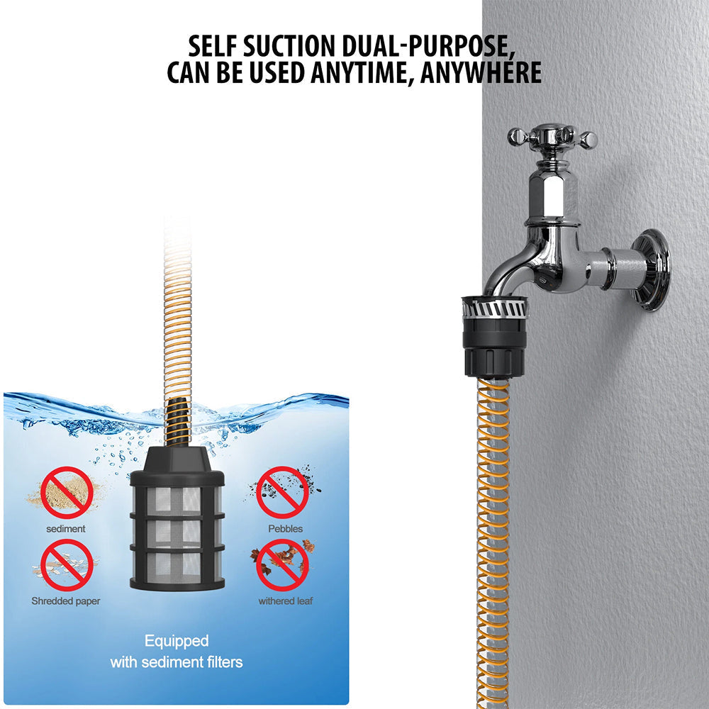 Dual-purpose suction device with hose attached, shown on a wall and underwater, with text indicating its versatility.