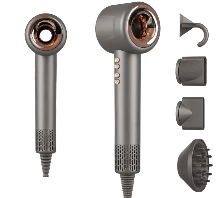 Gray Aurevia Smart Ionic Hairdryer with multiple attachments on a light gray background
