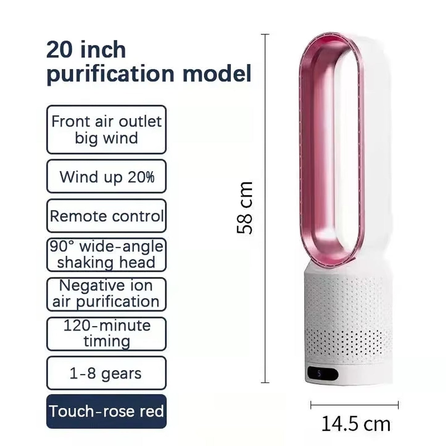 Dyson Breezaic Bladeless Tower Fan with specifications and dimensions on a white background