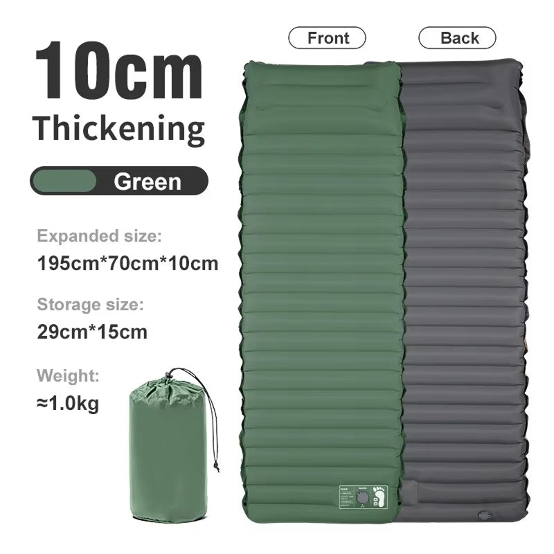 Green and gray inflatable sleeping pad with expanded and storage dimensions on a white background