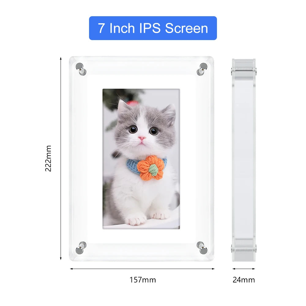 7-inch IPS CaptiPix Digital Photo Frame and measurement details on a white background