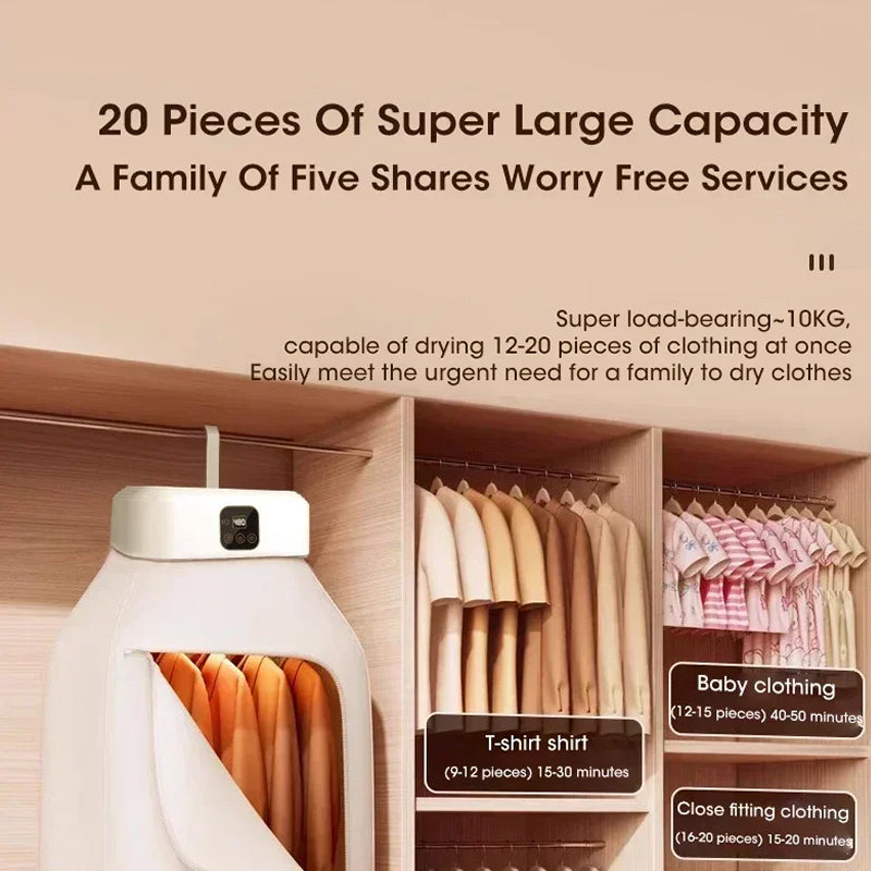 DryTekco Foldable Dryer with text about capacity and usage, set against a beige background.