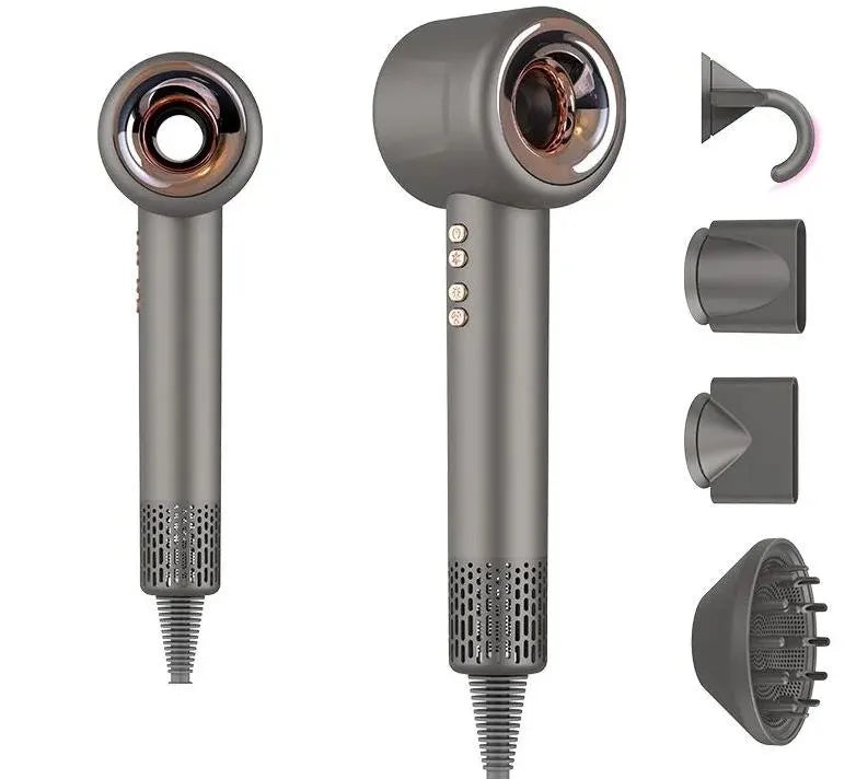 A gray Drylos Hair Dryer shown from two angles with four attachment nozzles displayed on the right, on a plain white background.