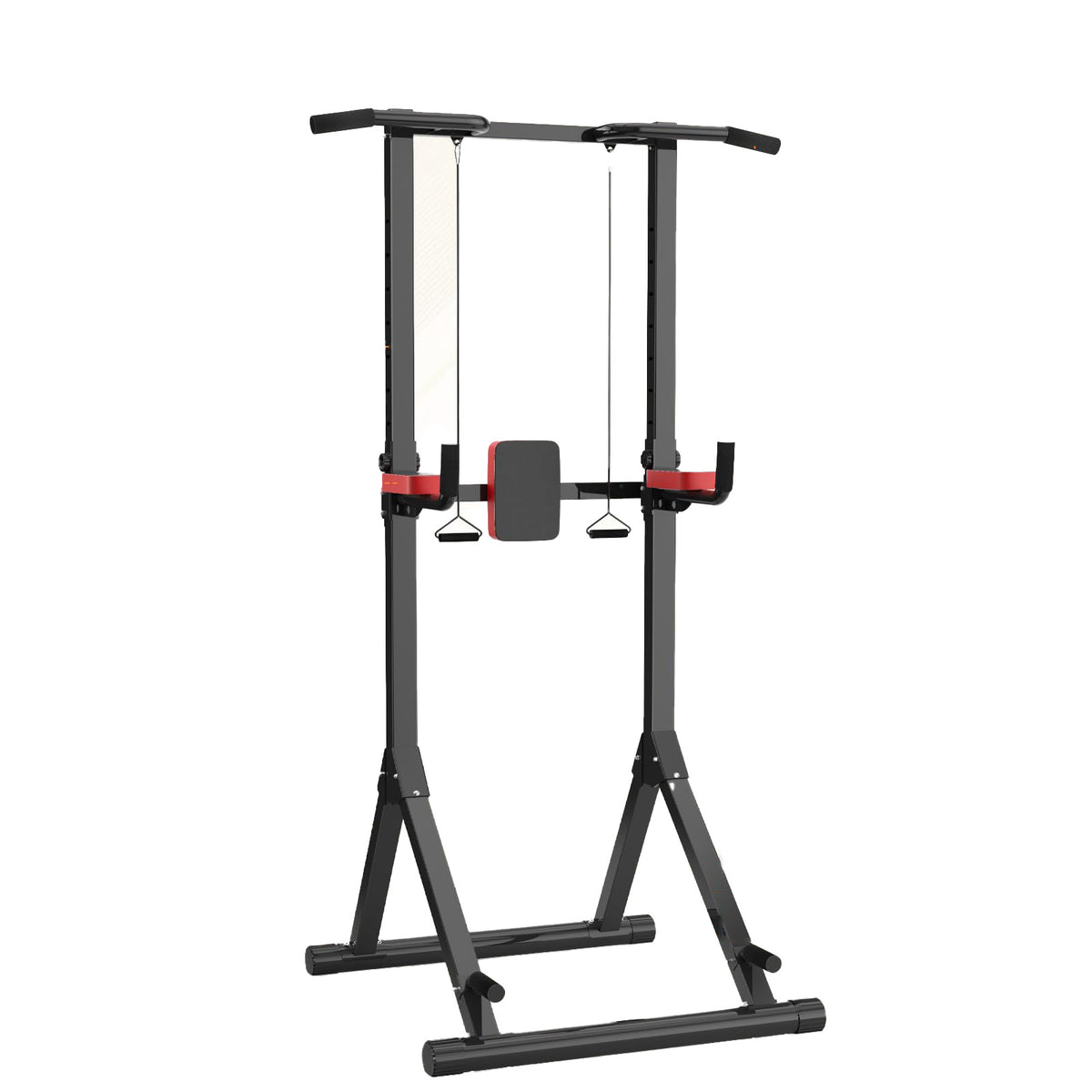 Black and red Elarvo Power Tower pull-up bar stand on a white background