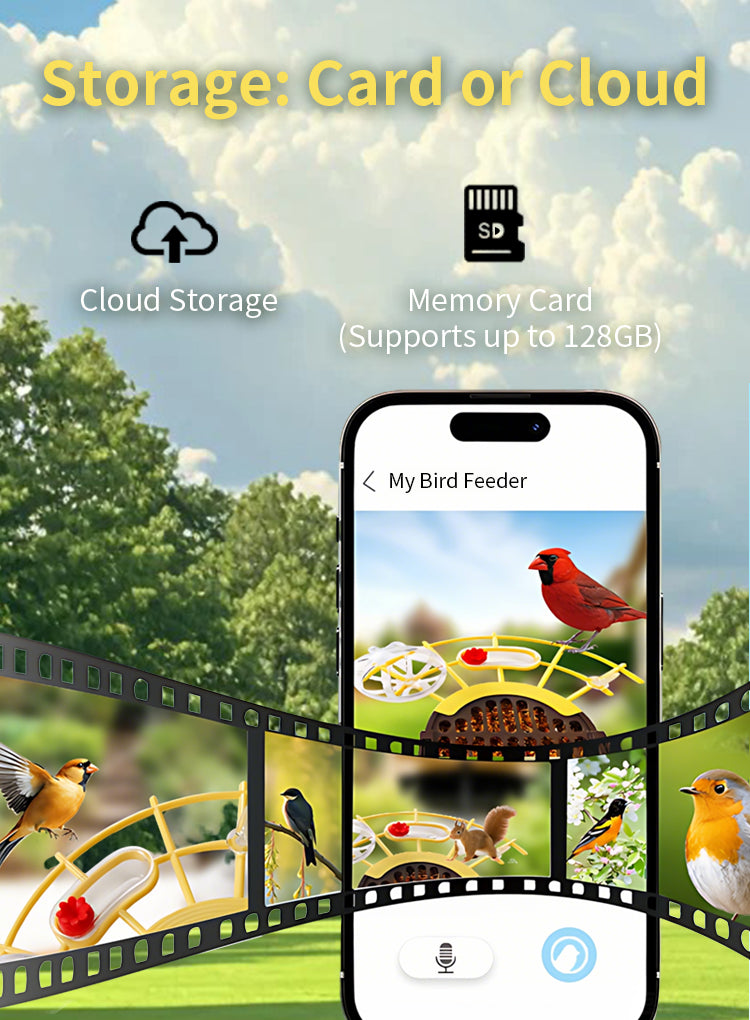 Promotional graphic for a Elarvo Smart Bird Feeder Camera app or cloud storage service, showing a smartphone with a bird feeder interface, a memory card icon labeled 'Memory Card (Supports up to 128GB)', and a cloud icon labeled 'Cloud Storage' over a park scene with birds and film-strip borders.