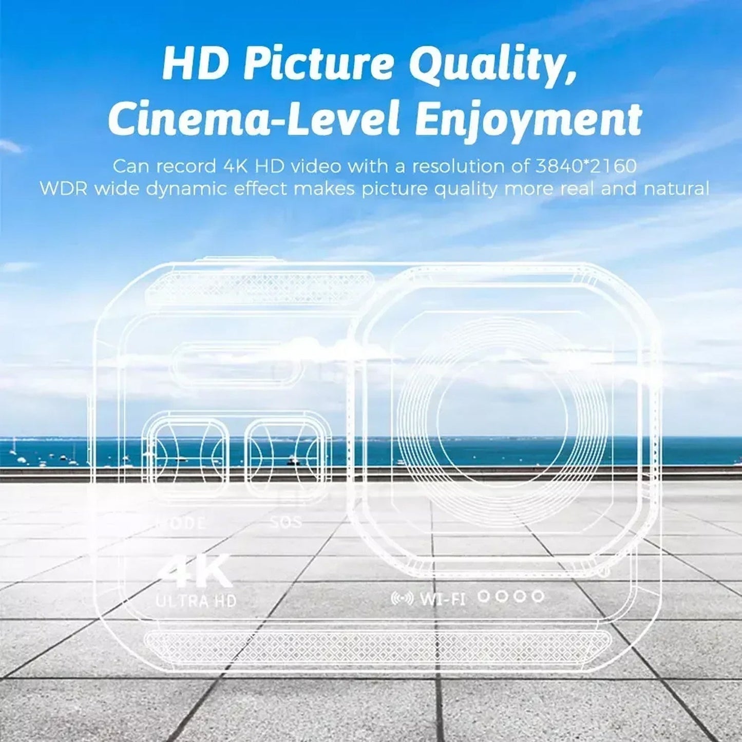 Advertisement for HD picture quality with a scenic background of a beach and sky.