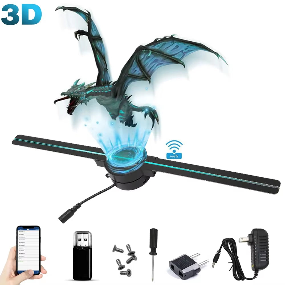 Dragon-shaped LED Holovoxy 3D Hologram with remote control and accessories on a white background