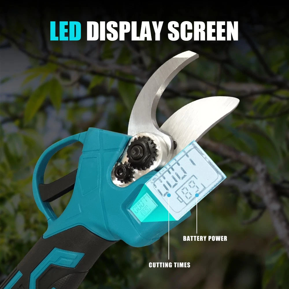 Gardening pruner with LED display screen on a blurred green background