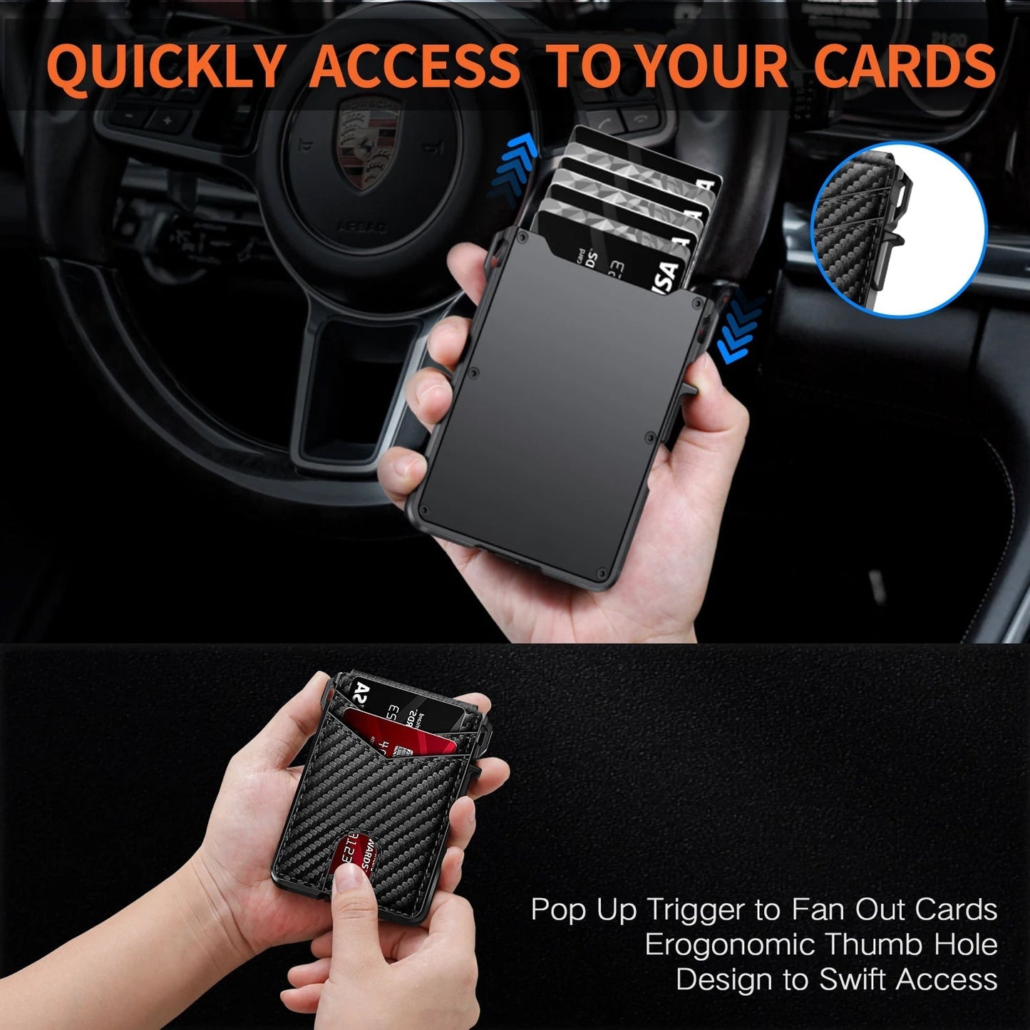 Phone case with LockiPay RFID Wallet being used in a car, highlighting features like pop-up trigger and ergonomic thumb hole.