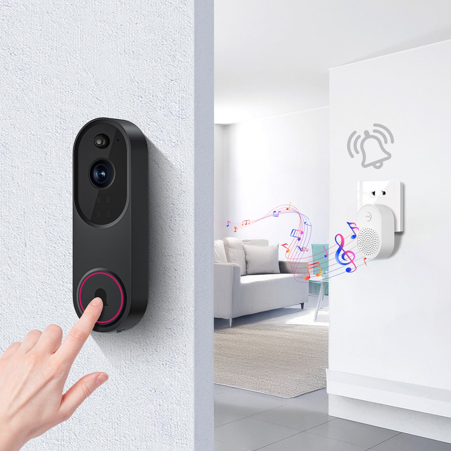 Smart Mivrass Doorbell Camera with hand pressing button, interior room in background