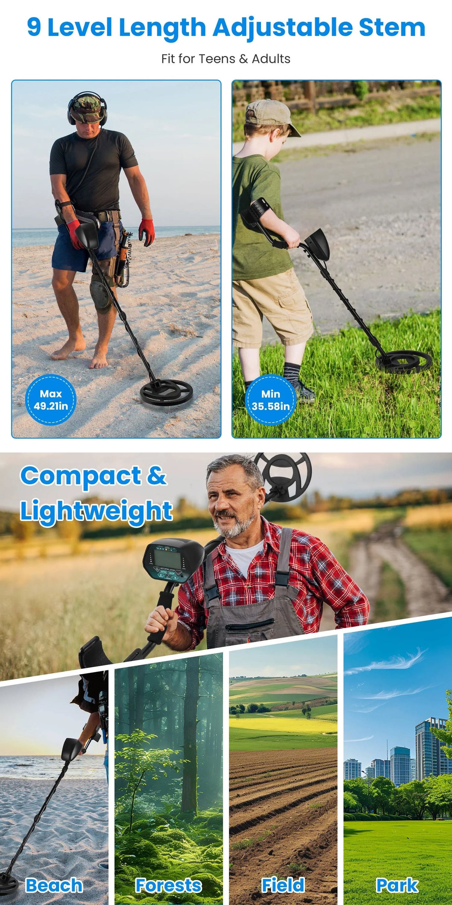 A promotional collage for a MuxTool GT3028 Metal Detector with adjustable 9-level stem. The top section shows two people using the device on a beach and grassy field, with text reading '9 Level Length Adjustable Stem' and 'Fit for Teens & Adults.