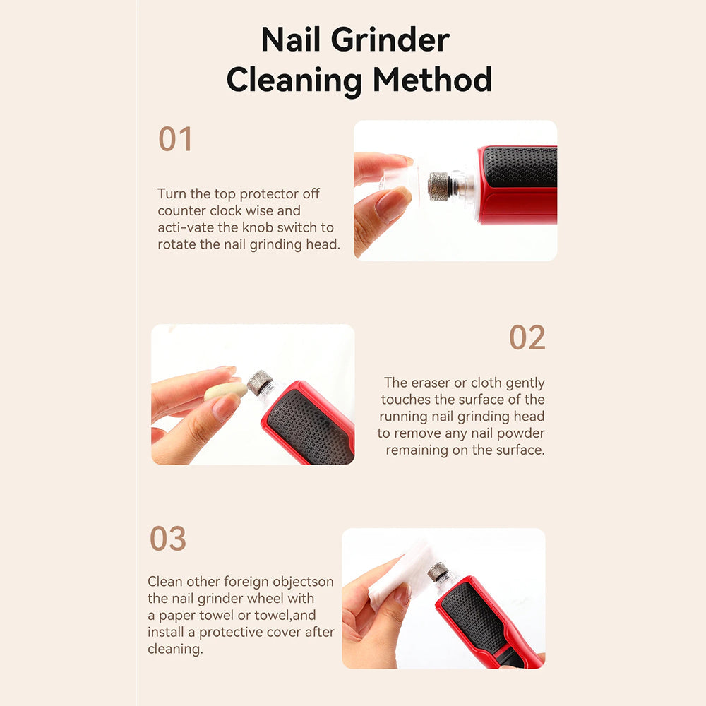 Instructions for cleaning a nail grinder with images and text on a beige background