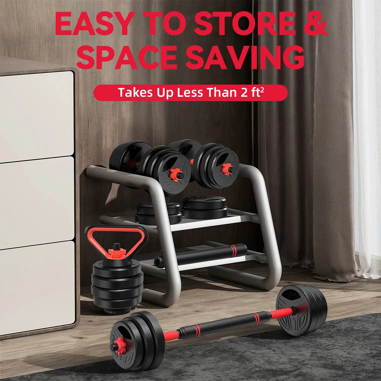 Dumbbell set with holder and barbell on a wooden floor, with text 'Easy to store & space saving'.