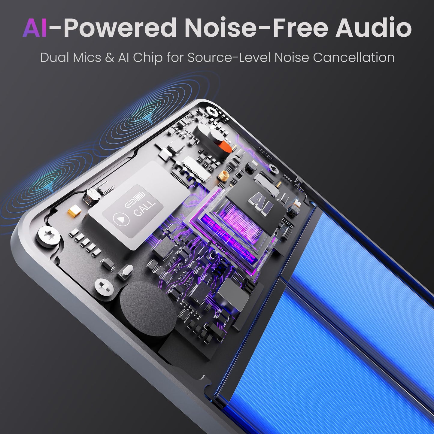 Close-up of Recora KP70 ai Recorder components with 'AI-Powered Noise-Free Audio' text on a dark background