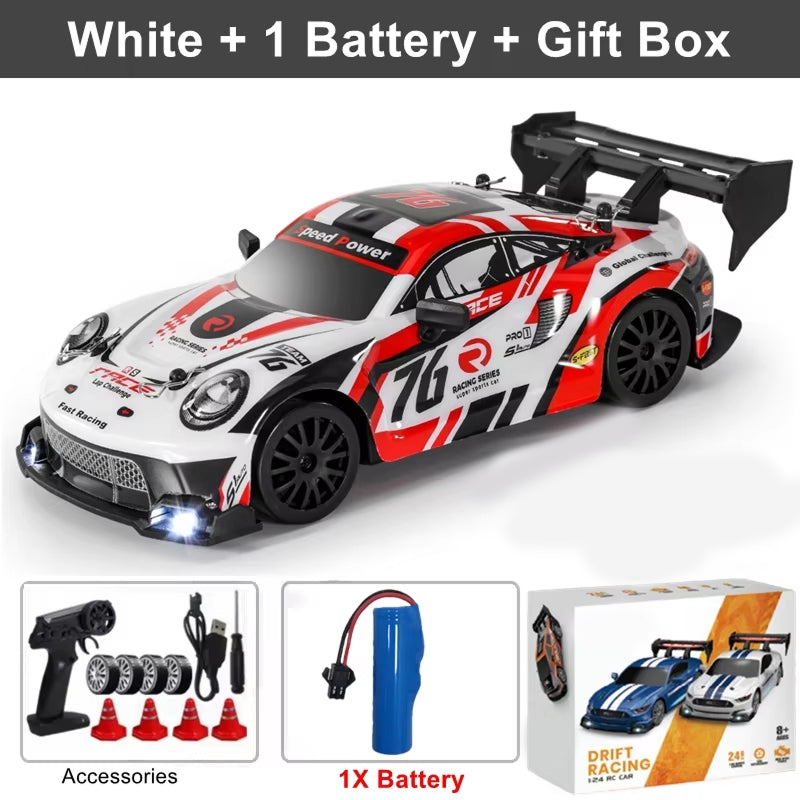 White remote control SkidFlux RC Drift Car with red and black design, including accessories and battery on a white background.