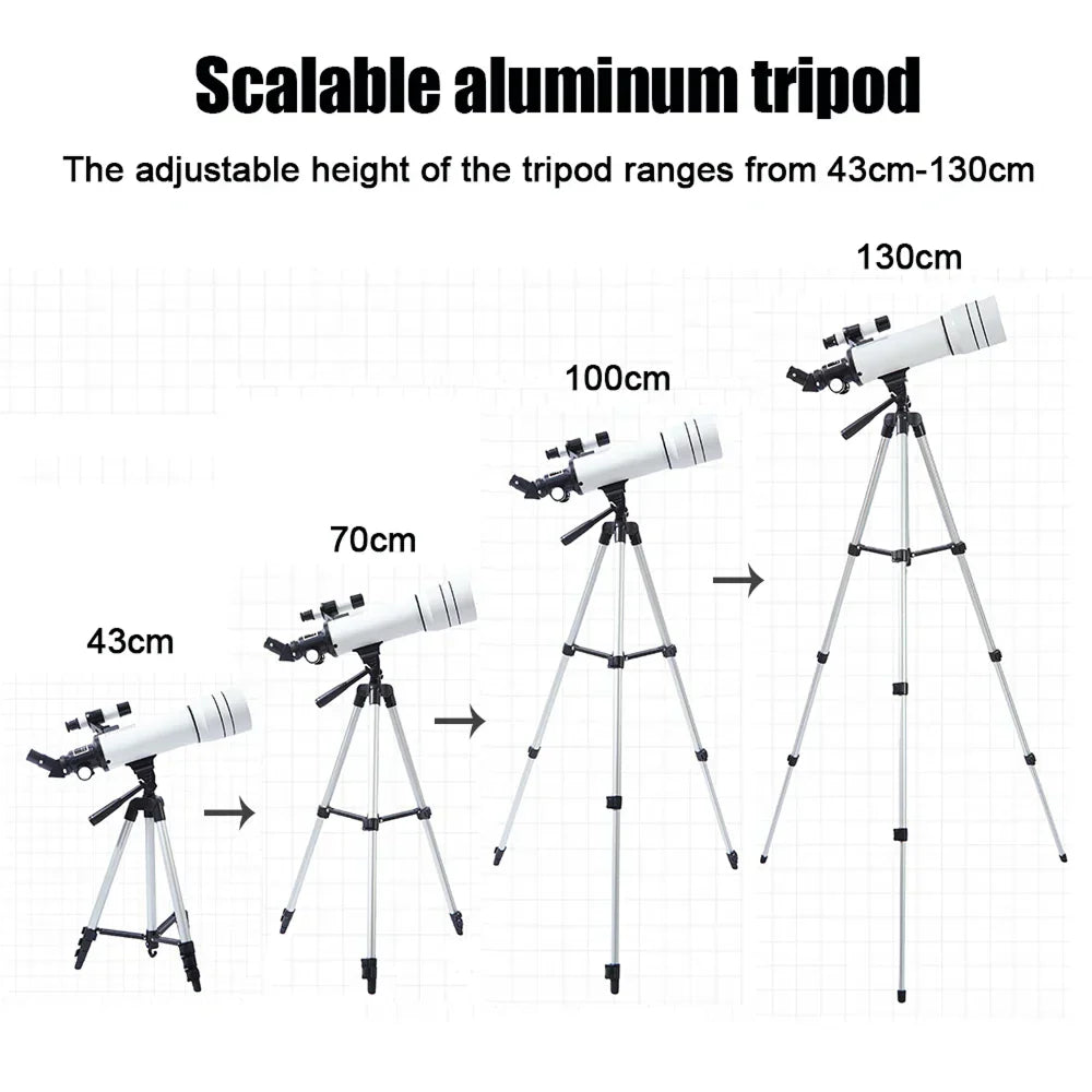 StaryNoxi Telescope with adjustable tripod showing height range from 43cm to 130cm.