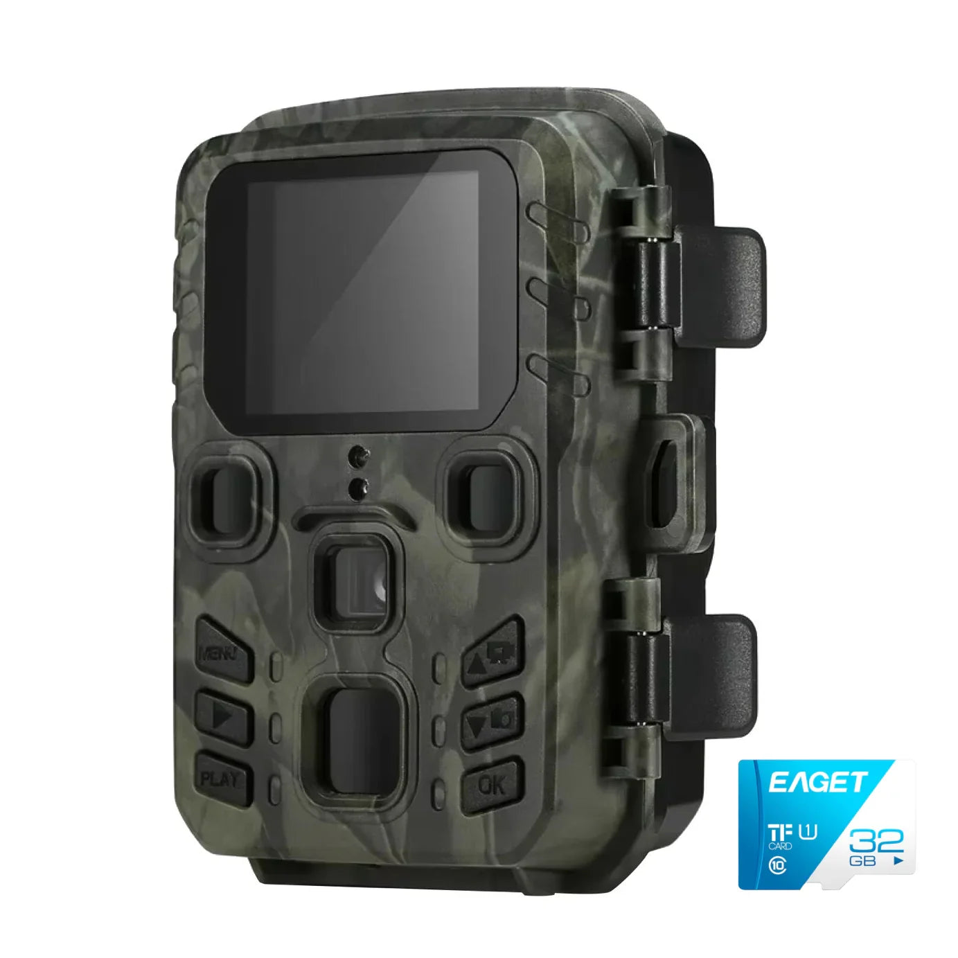 TrackaPix Wildlife Camera device with a screen and buttons on a white background, featuring the brand 'Eaget'.