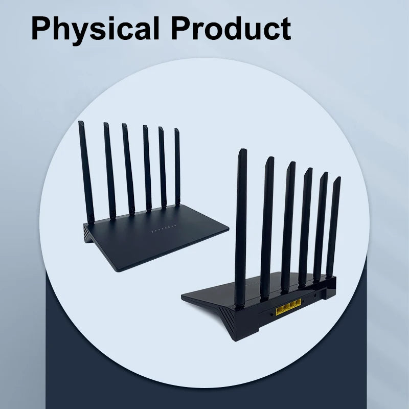 Two black electronic VAKODA Wi-Fi Router with multiple antennas on a gray background