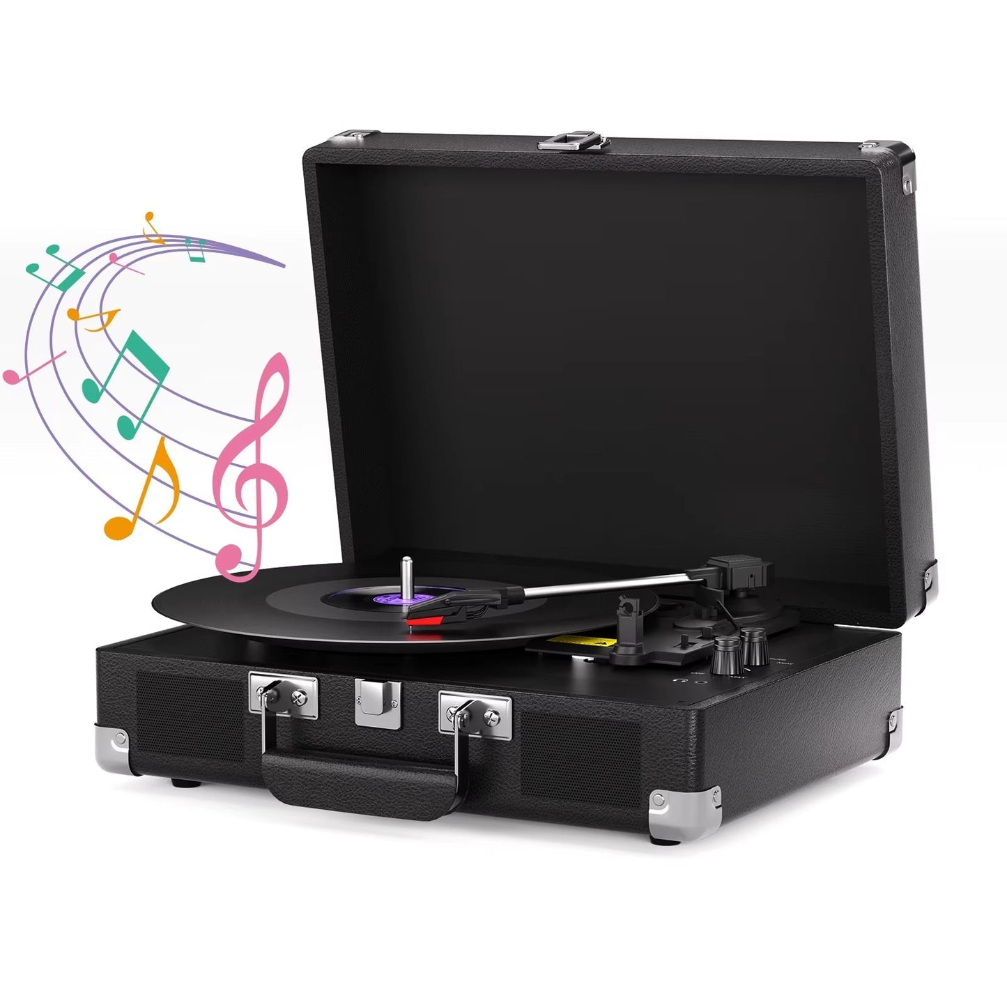 Black portable VinyyLux Record Player with music notes on a white background
