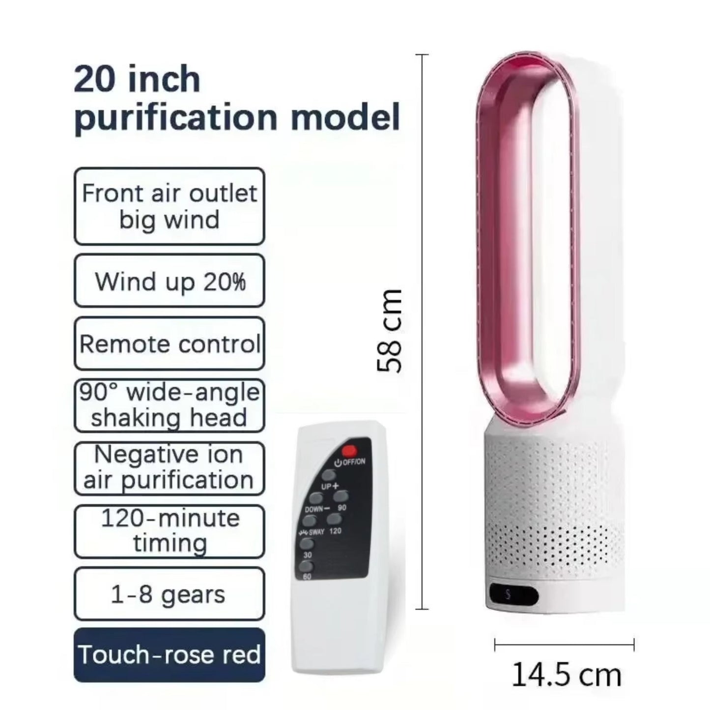 WhisParu Bladeless Fan model with features listed and dimensions shown