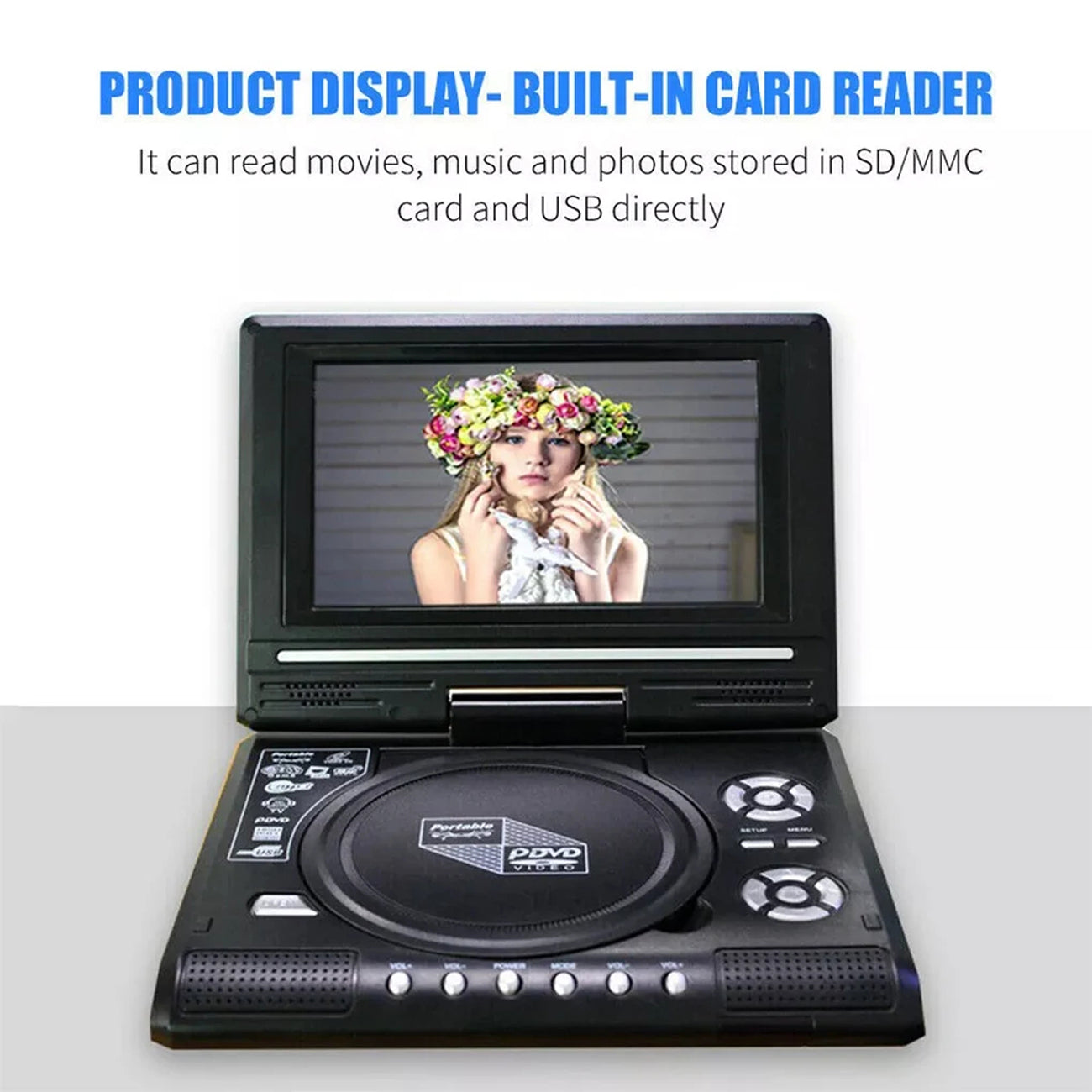 Black WidTosee Portable DVD Player with an integrated flip-out screen, shown on a light gray background with promotional text at the top about built-in card reading.