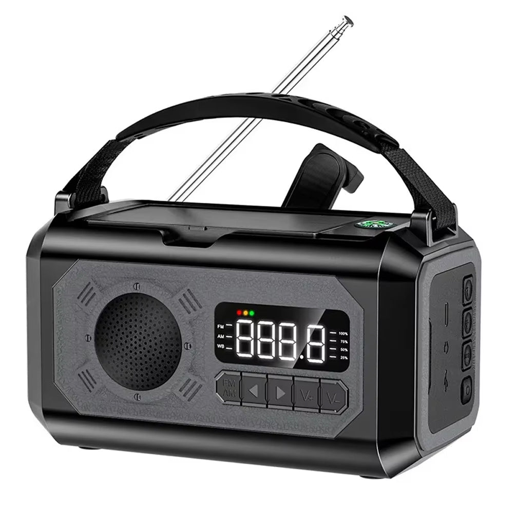 Black Radiflix Wind Up Radio with digital display on a white background