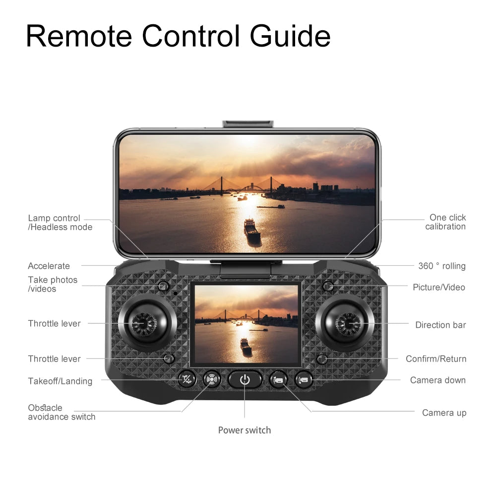 M6 drone remote control guide showing labeled buttons, screen display, and function layout for easy operation and flight control