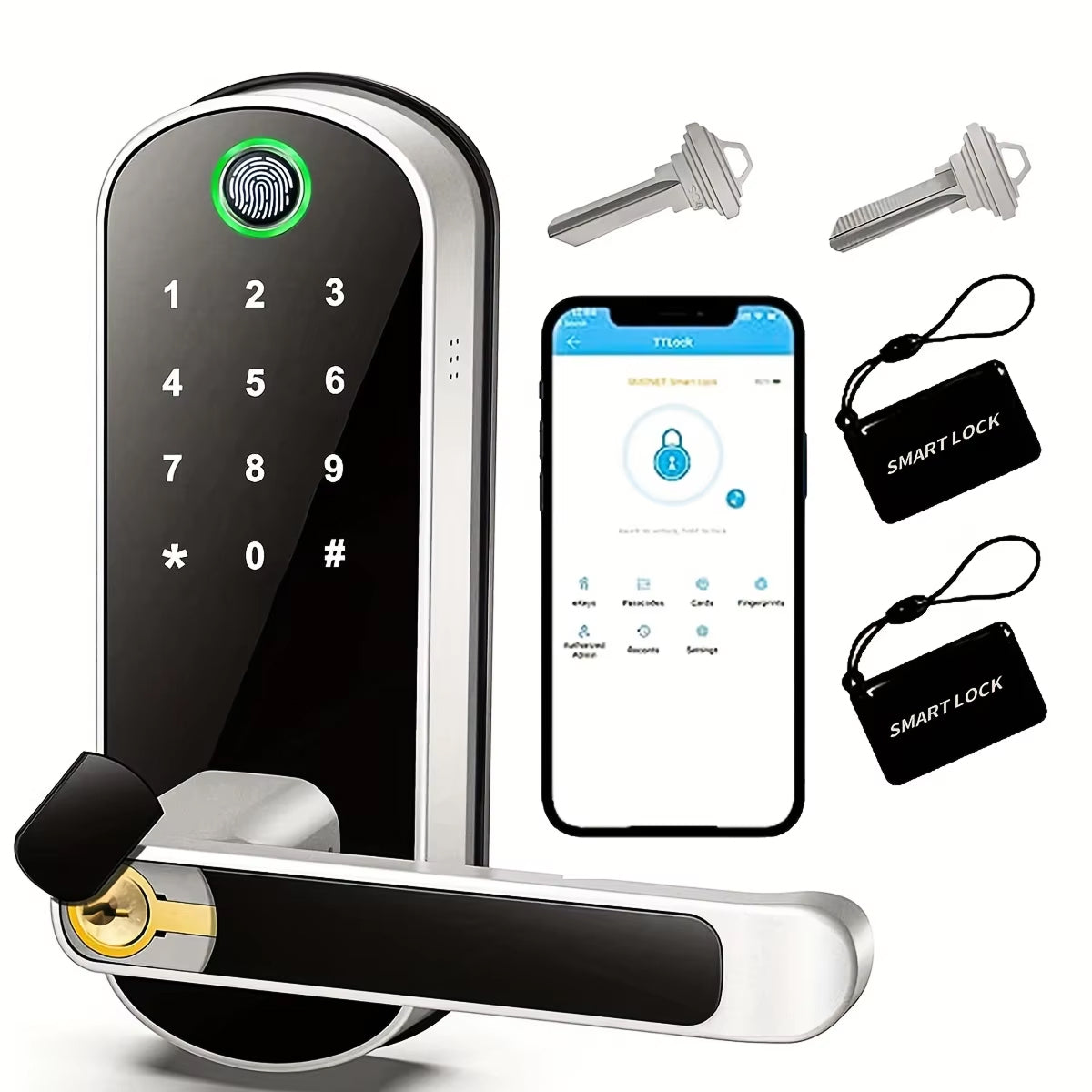 SafeeBolt Smart Door Lock with digital keypad, smartphone app, keys, and keychains on a white background