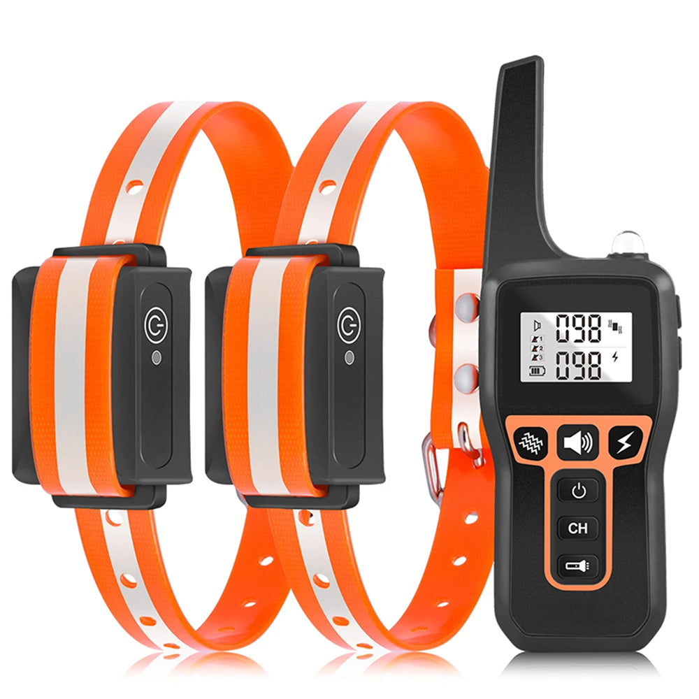 Two GivaxMi Dog Training Collar with reflective stripes and a black remote control on a white background.