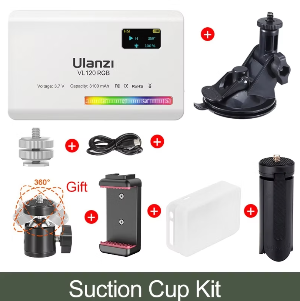 Ulanzi suction cup mount kit compatible with VL120RGB LED Video Light and other devices, ideal for mounting to glass, windows, and flat surfaces for stable shooting black