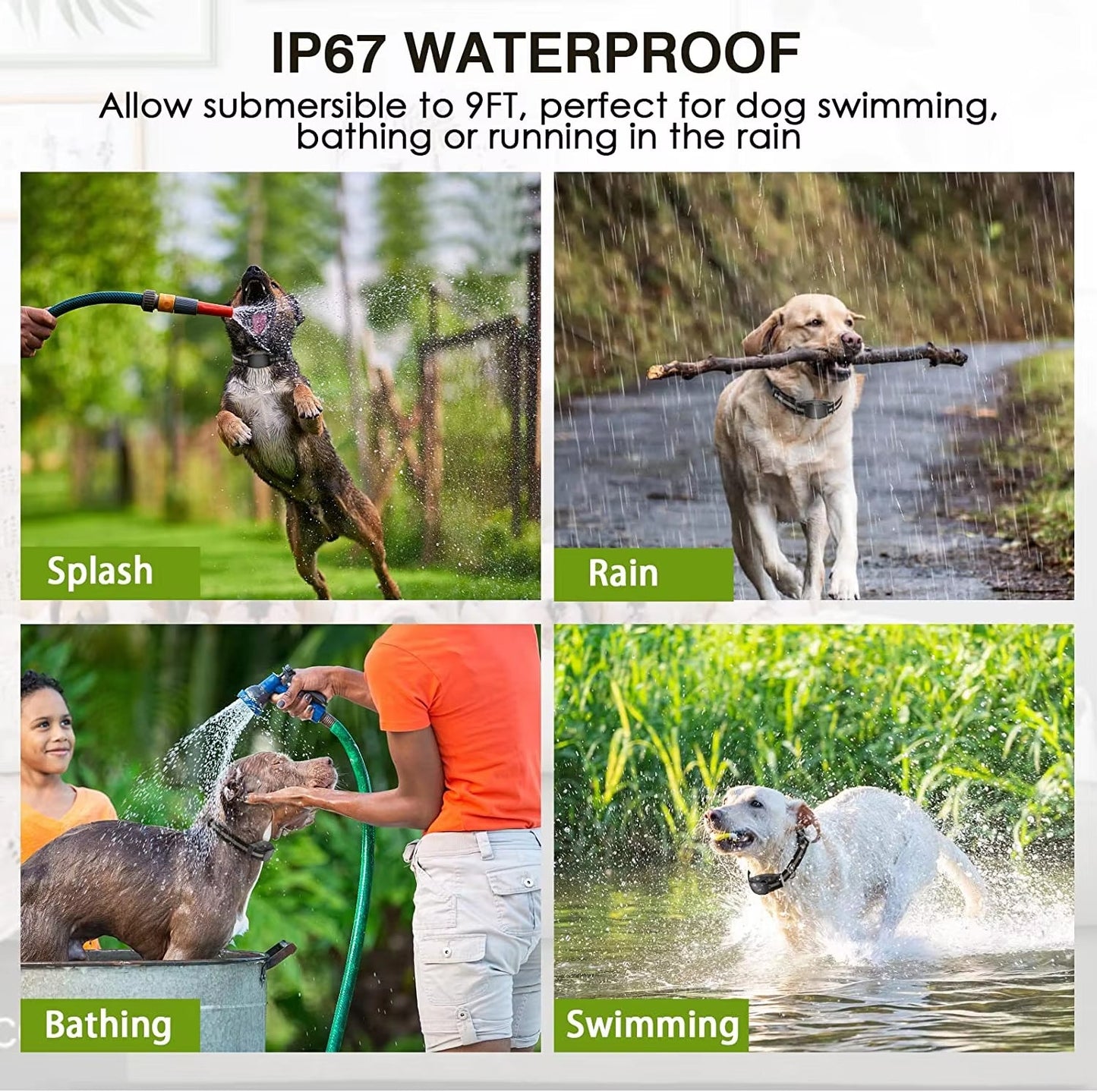 Collage of dogs in various outdoor activities with text highlighting IP67 waterproof feature.