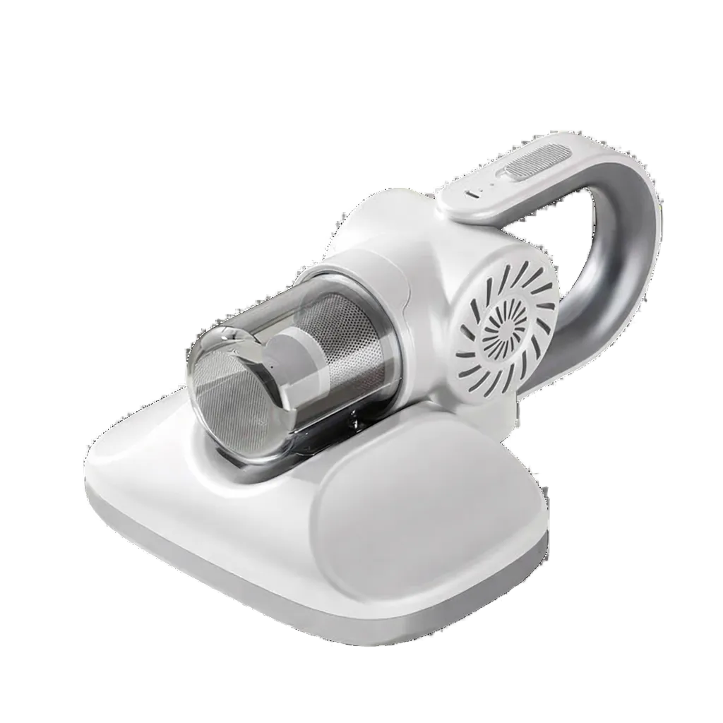 White handheld VaciMatri Mattress Vacuum Cleaner on a black background