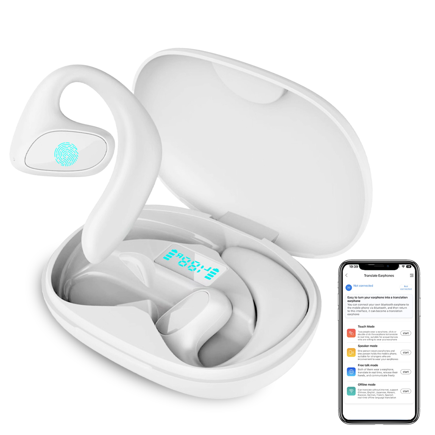 Venloria AI Translation Earbuds with charging case and smartphone app on a white background