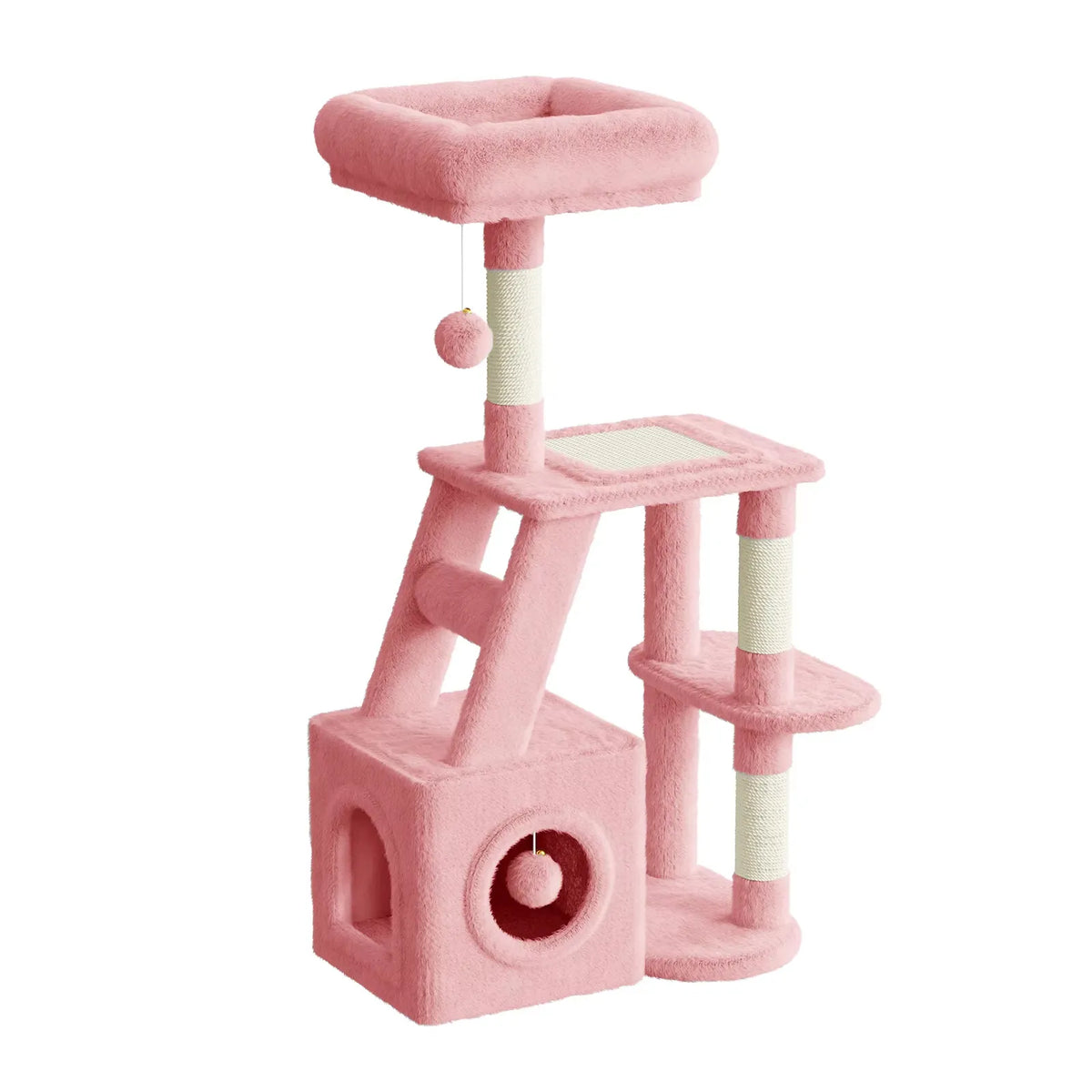 Pink Elarvo Cat Tree with multiple levels and a hanging ball on a white background