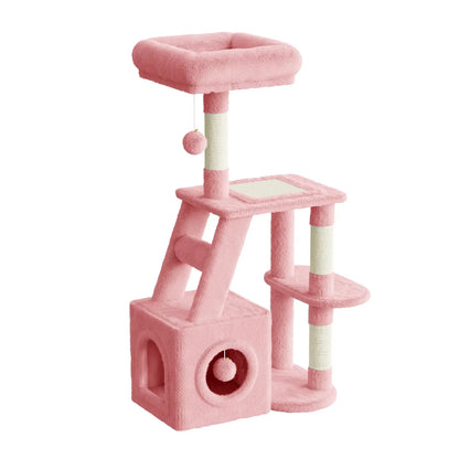 Pink Elarvo Cat Tree with multiple levels and a hanging ball on a white background