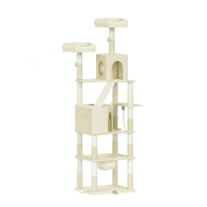Beige cat tree with multiple levels and a perch on a white background