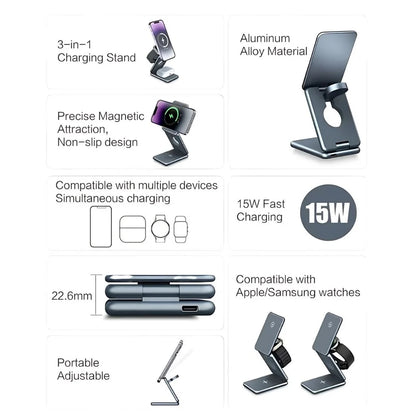3-in-1 charging stand with features listed on a white background