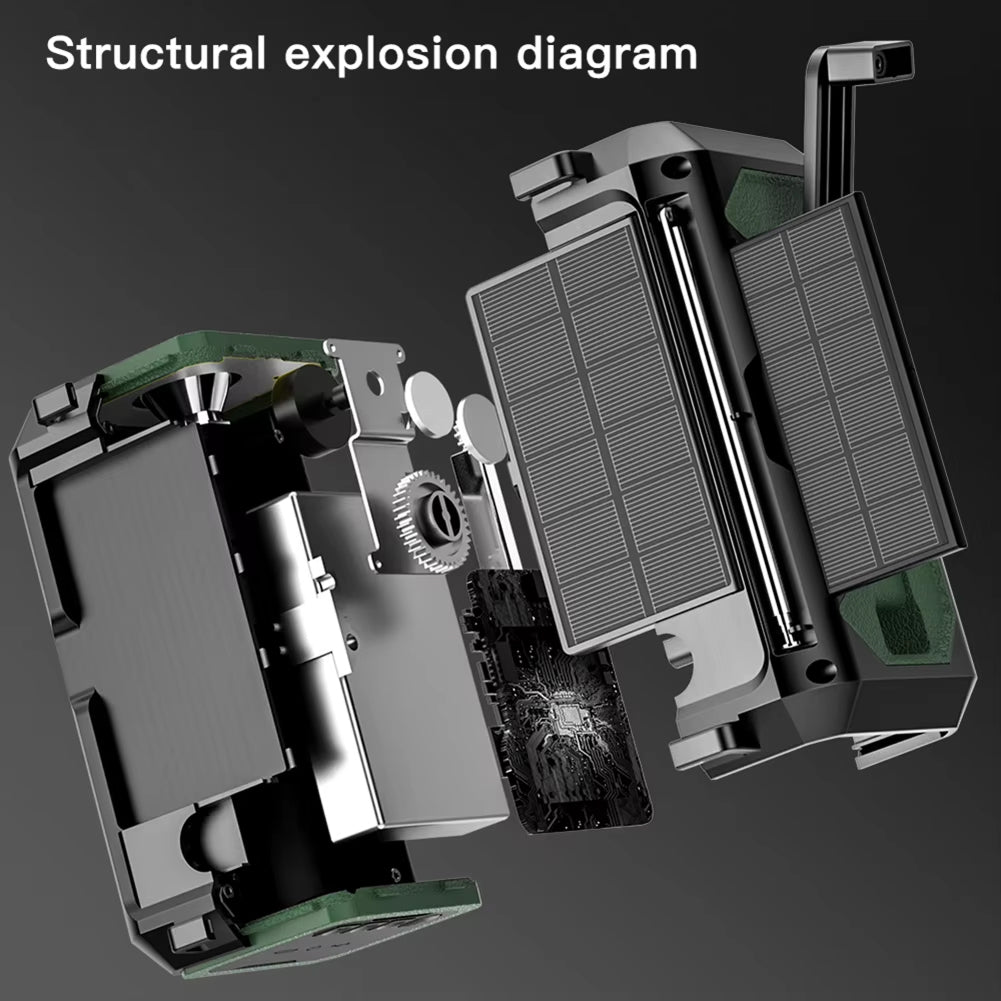 Structural explosion diagram of a mechanical Radiflix Wind Up Radio on a dark background