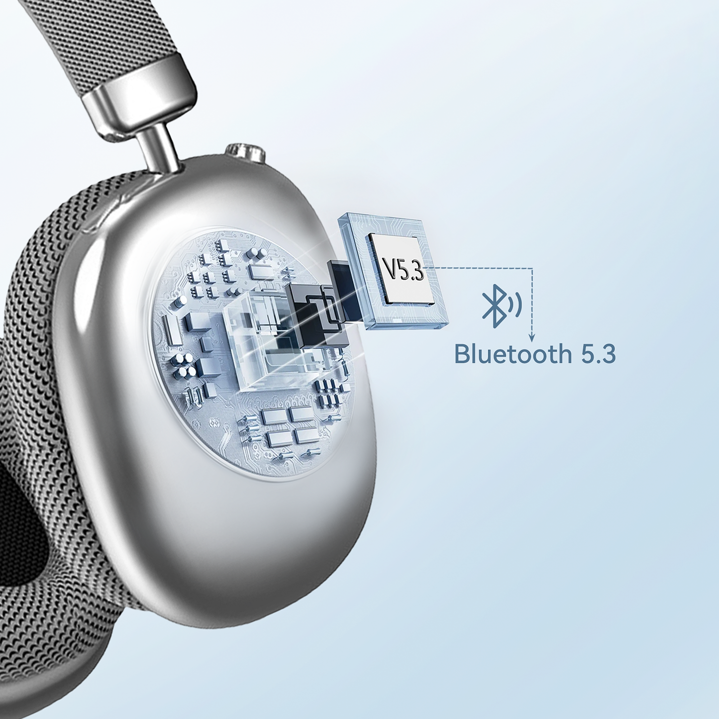 Close-up of a silver Klynn Noise Cancelling Headphones device with Bluetooth 5.3 technology on a light blue background