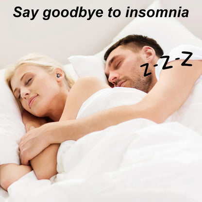 Couple sleeping soundly with text 'Say goodbye to insomnia' and 'Z-Z-Z'.