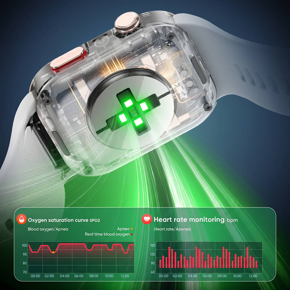 AEGVITA D6 Blood Pressure Smartwatch with clear case showing internal components on a dark background
