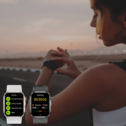 Woman using a AEGVITA D6 Blood Pressure Smartwatch with a scenic background