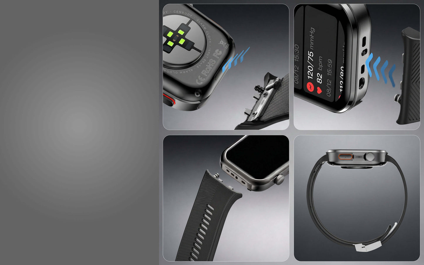 Collage of AEGVITA D6 Blood Pressure Smartwatch images with different angles and features on a gray background