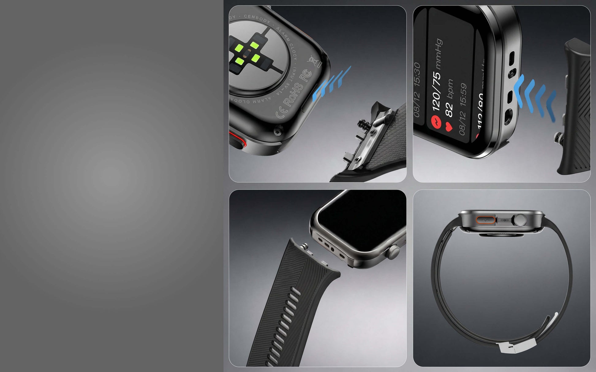 Collage of AEGVITA D6 Blood Pressure Smartwatch images with different angles and features on a gray background