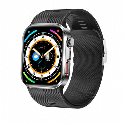 A AEGVITA D6 Blood Pressure Smartwatch with a rectangular silver-toned metal case and a textured black silicone strap, shown on a plain white background. The watch face displays a digital watch interface with Roman numerals and colorful icons.
