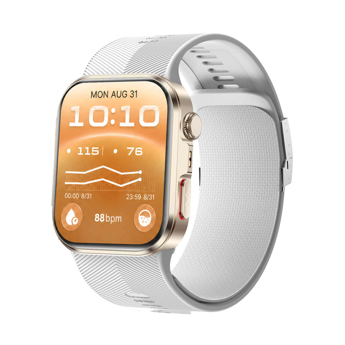 A AEGVITA D6 Blood Pressure Smartwatch with a rectangular gold-tone case and a textured white band, shown on a plain white background. The watch face displays an orange health-style interface with time, heart rate, and other metrics.