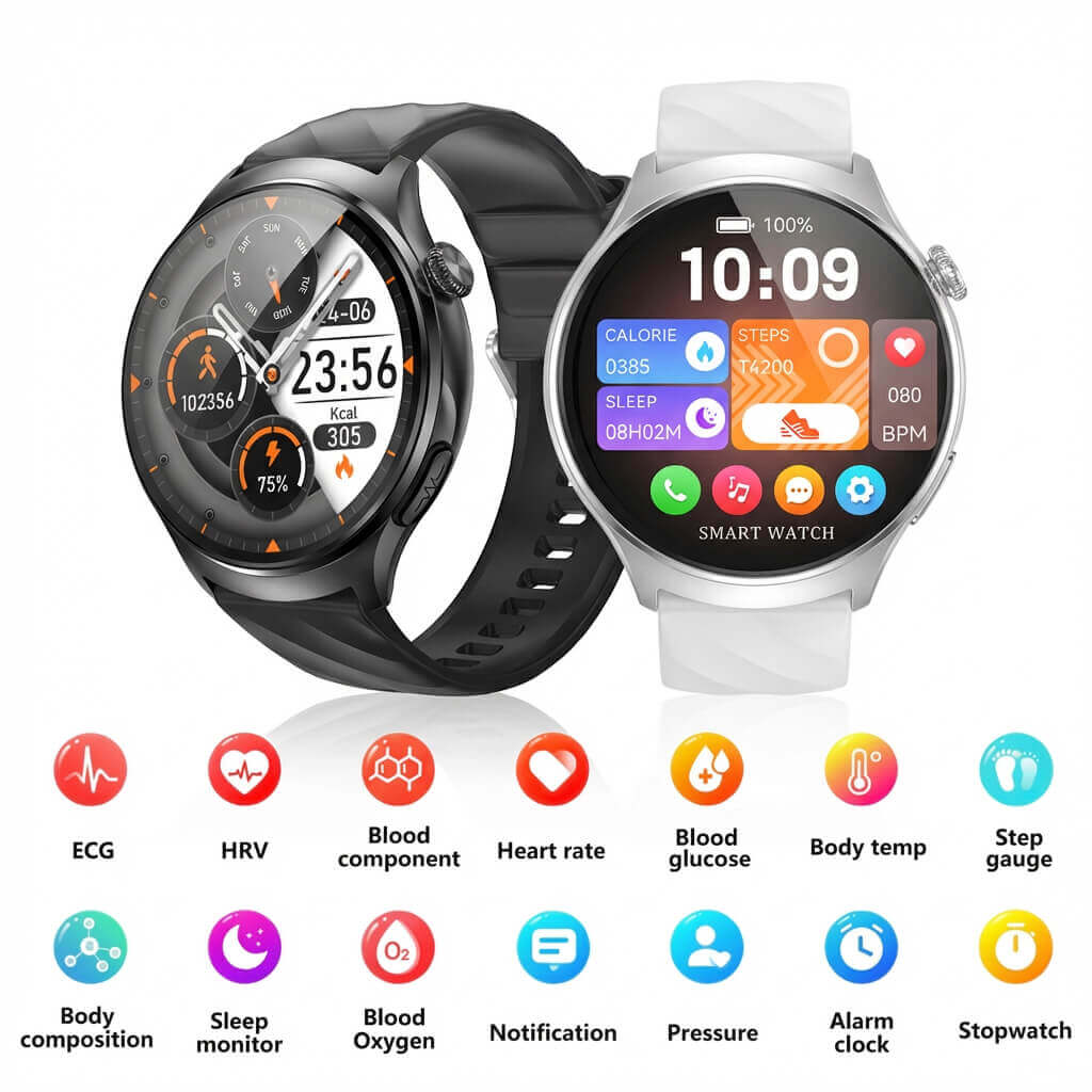 Two Aegis M6 Health Monitoring Smartwatch, one black and one white, with a display of features on a white background.