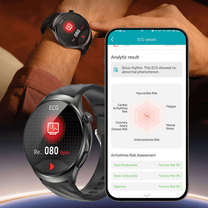 Aegis M6 Smartwatch displaying ECG readings on a wrist with a smartphone showing ECG app details.